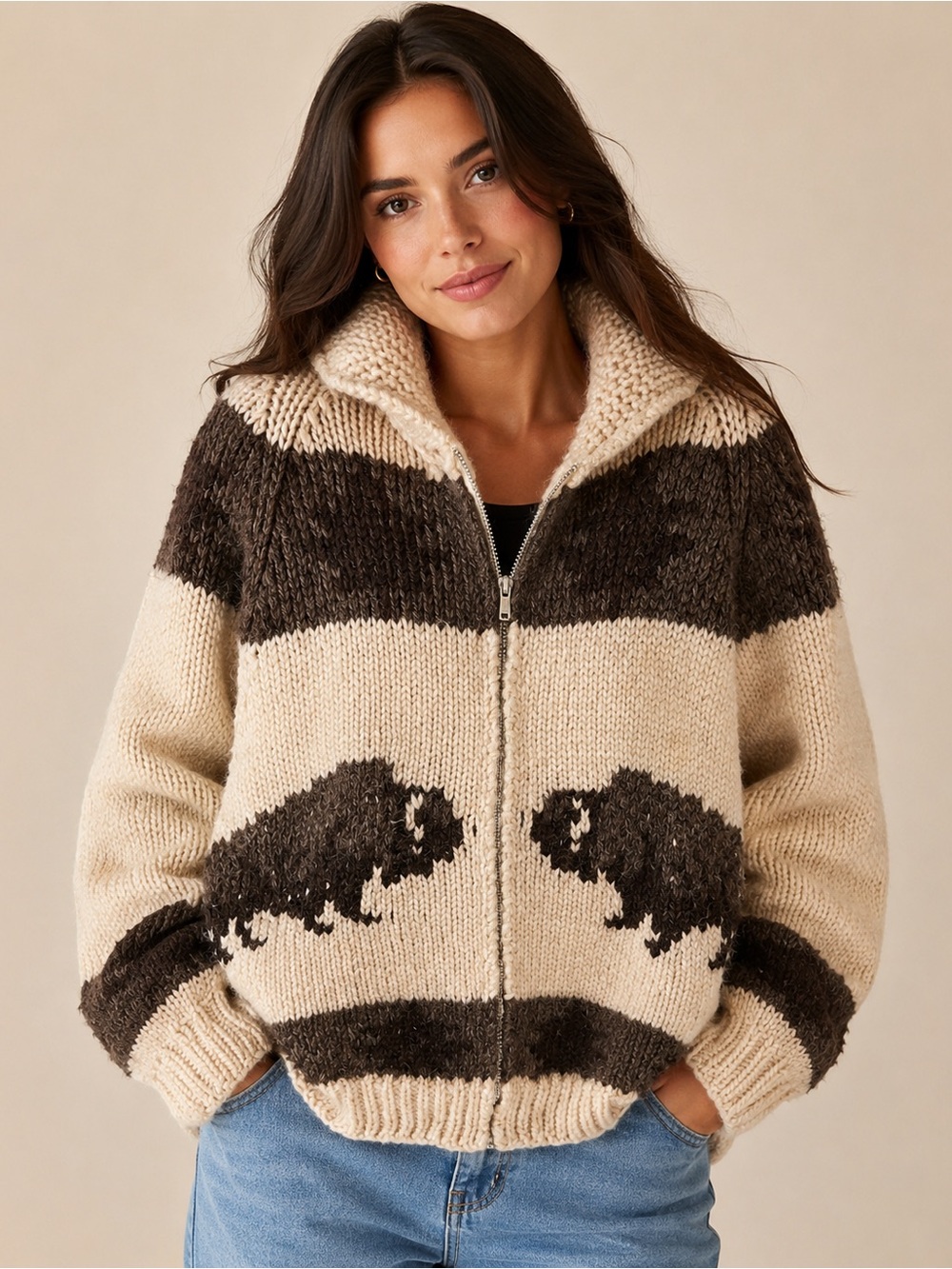 Hand Knit Buffalo Wool Zip-Up Cardigan Sweater Cream Brown Western Cabin Cozy
